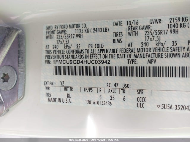 Ford ESCAPE SE 2017 1FMCU9GD4HUC03942 Image 9