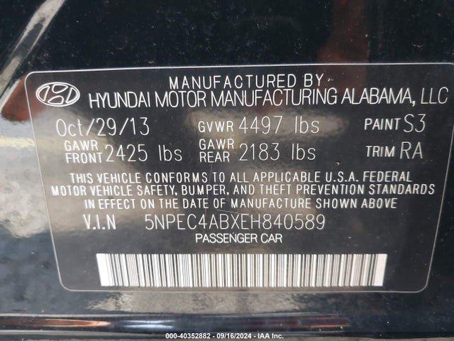 Hyundai Sonata Limited 2.0t 2014 5NPEC4ABXEH840589 Image 9