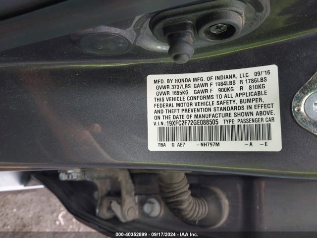 Продажа на аукционе авто 2016 Honda Civic Ex, vin: 19XFC2F72GE088505, номер лота: 40352899