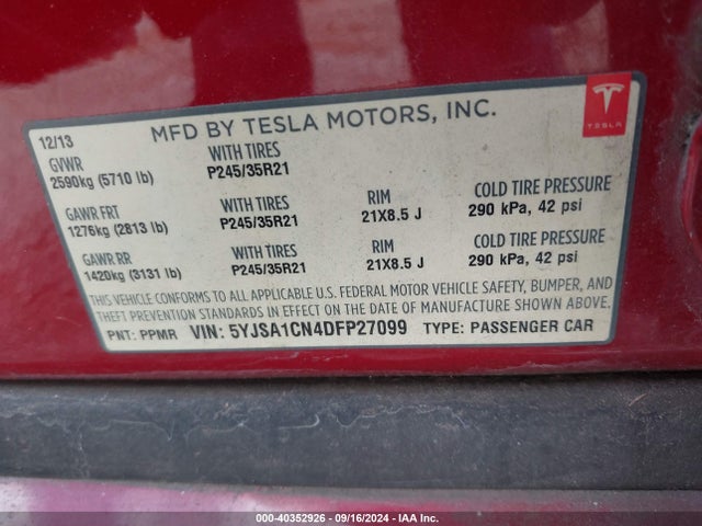 2013 TESLA MODEL S 5YJSA1CN4DFP27099 Photo 8