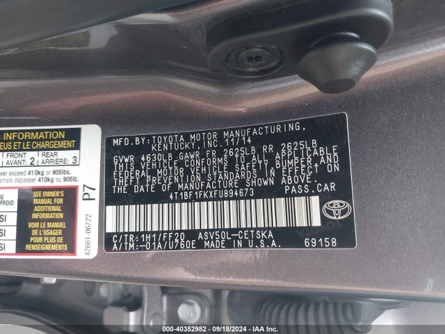 Toyota CAMRY SE 2015 4T1BF1FKXFU894673 Image 9