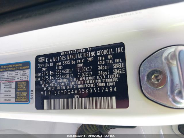 5XYPG4A35KG517494 KIA Sorento 2.4l Lx