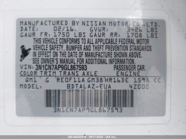 3N1CN7AP9GL867593 Nissan Versa 1.6 S/1.6 S+/1.6 Sl/1.6 Sv