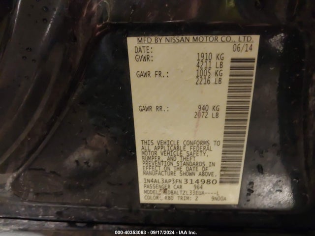 Nissan Altima 2.5 Sl 2015 1N4AL3AP3FN314980 Image 9