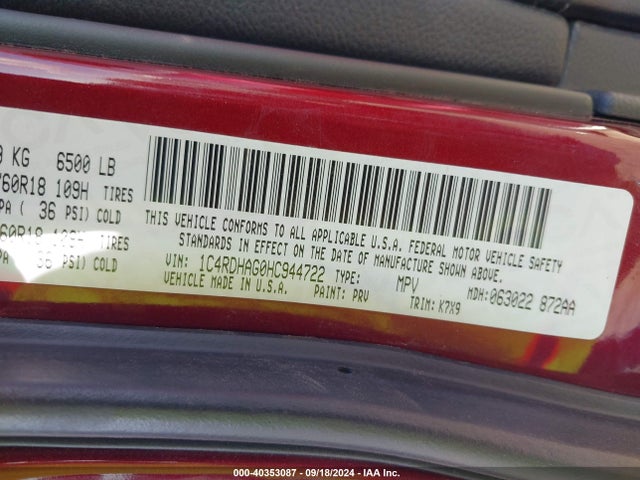 1C4RDHAG0HC944722 Dodge Durango Sxt Rwd