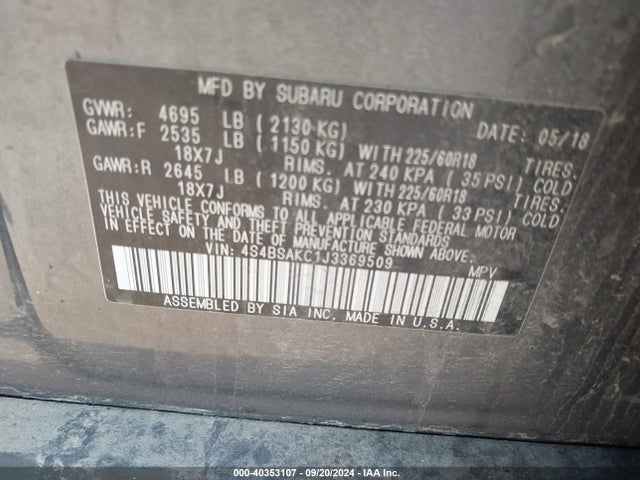 Subaru Outback 2.5i Limited 2018 4S4BSAKC1J3369509 Image 9