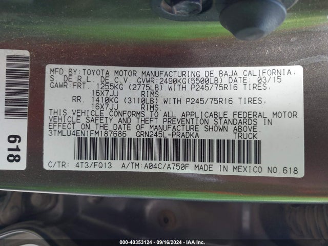 Toyota Tacoma Base V6 2015 3TMLU4EN1FM187686 Image 9