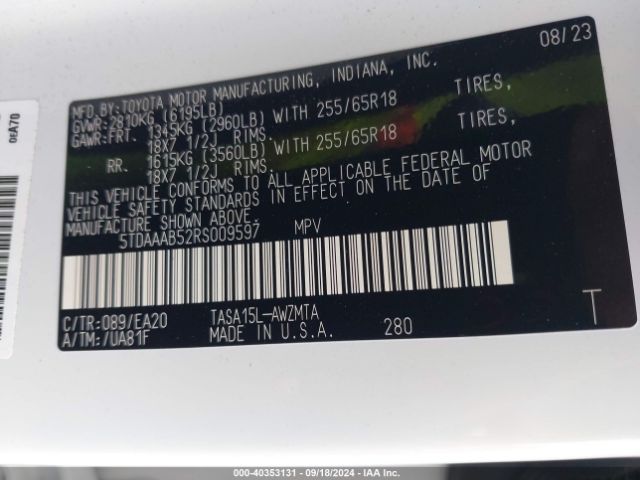 5TDAAAB52RS009597 Toyota Grand Highlander Xle