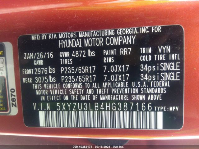 5XYZU3LB4HG387166 Hyundai Santa Fe Sport 2.4l