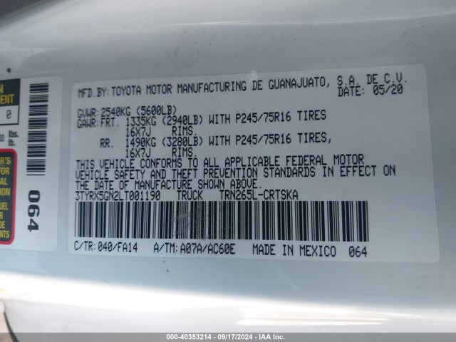 3TYRX5GN2LT001190 Toyota Tacoma Sr