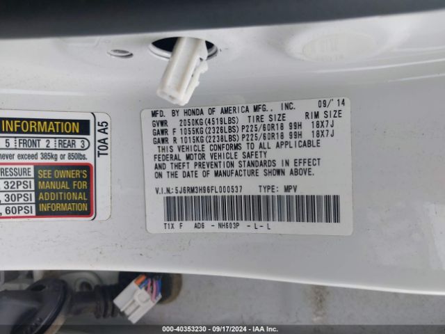 5J6RM3H96FL000537 Honda Cr-v Touring