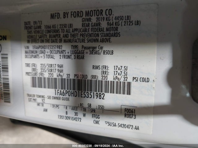 Ford FUSION SE 2014 1FA6P0HD1E5351982 Image 9
