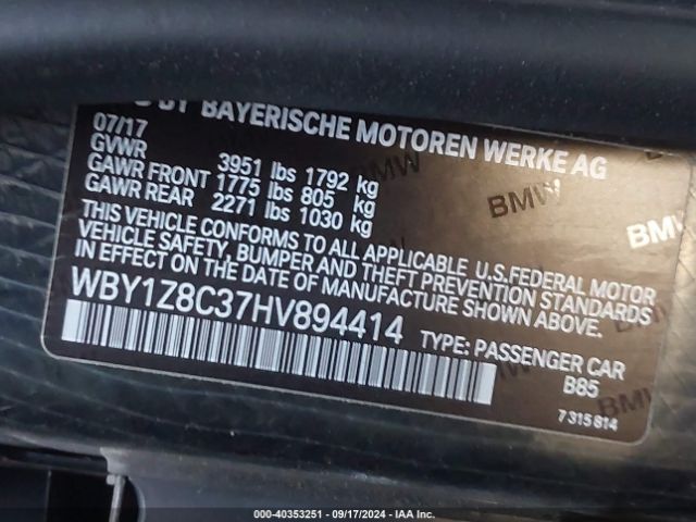 WBY1Z8C37HV894414 BMW I3 94 Ah W/range Extender