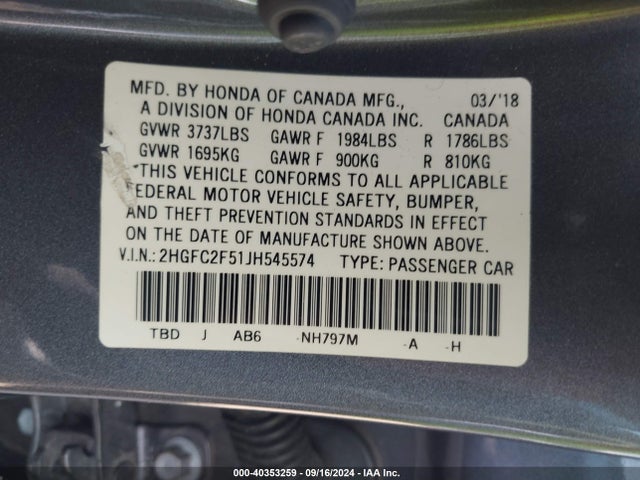 Honda Civic Lx 2018 2HGFC2F51JH545574 Image 9