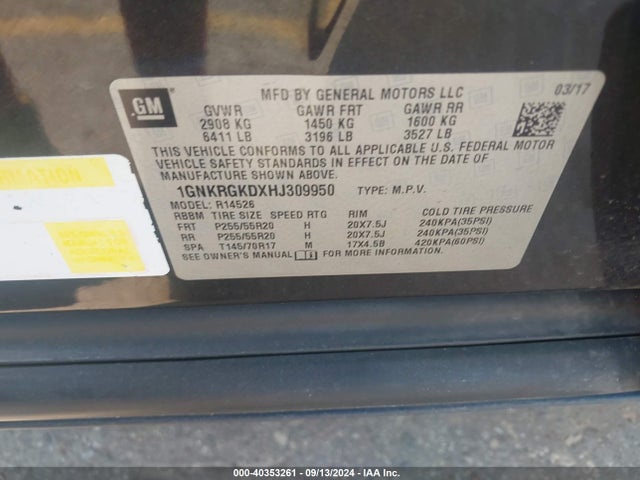 Chevrolet Traverse 1lt 2017 1GNKRGKDXHJ309950 Image 9