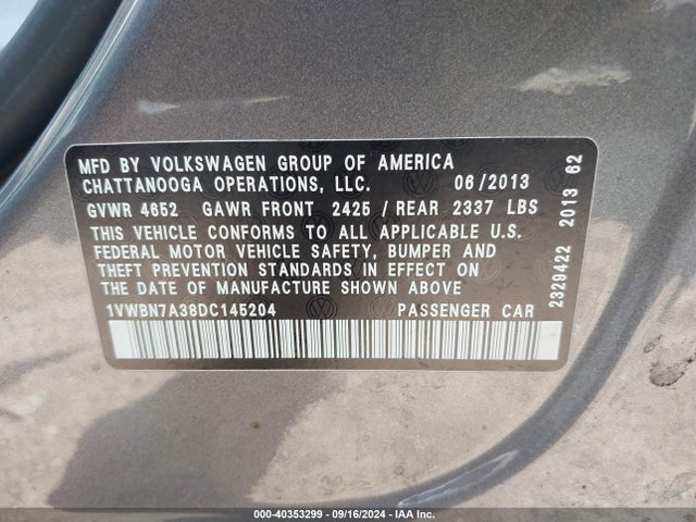 Продажа на аукционе авто 2013 Volkswagen Passat 2.0l Tdi Se, vin: 1VWBN7A38DC145204, номер лота: 40353299