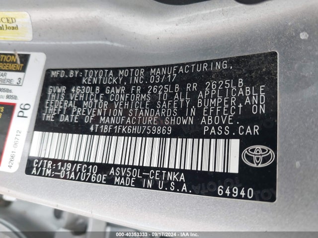 Toyota CAMRY LE 2017 4T1BF1FK6HU759869 Image 9