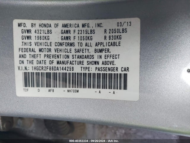 Продаж на аукціоні авто 2013 Honda Accord Ex-l, vin: 1HGCR2F86DA144259, номер лоту: 40353334