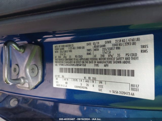 1FMCU9GD9KUB54132 Ford ESCAPE SE