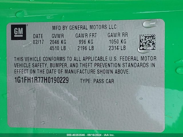1G1FH1R77H0190229 Chevrolet CAMARO 2SS