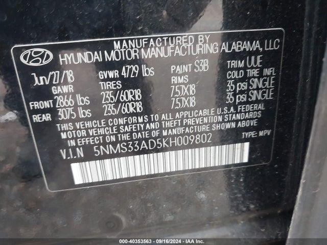 5NMS33AD5KH009802 Hyundai Santa Fe Sel Plus