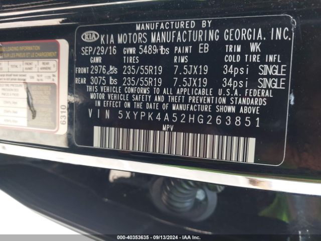 5XYPK4A52HG263851 KIA Sorento 3.3l Sx