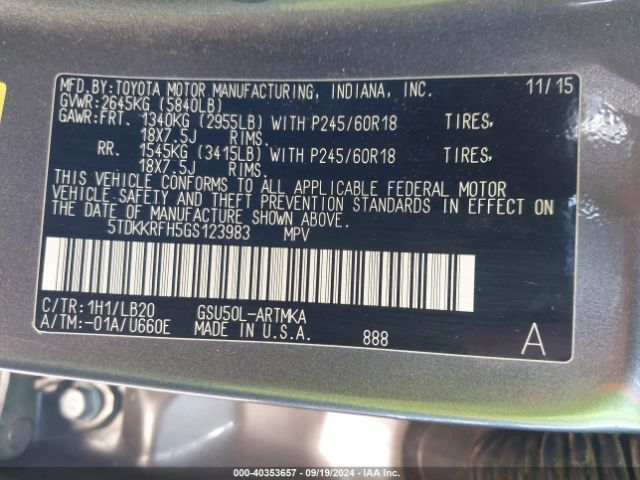 5TDKKRFH5GS123983 Toyota Highlander Xle V6