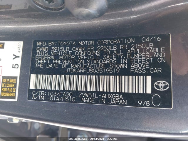 Toyota Prius Three 2016 JTDKARFU8G3519519 Image 9