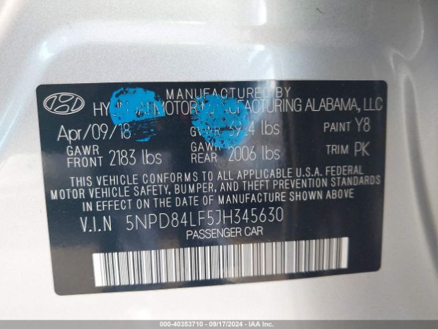 5NPD84LF5JH345630 Hyundai ELANTRA SEL