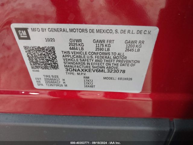 3GNAXKEV6ML323078 Chevrolet Equinox Fwd Lt