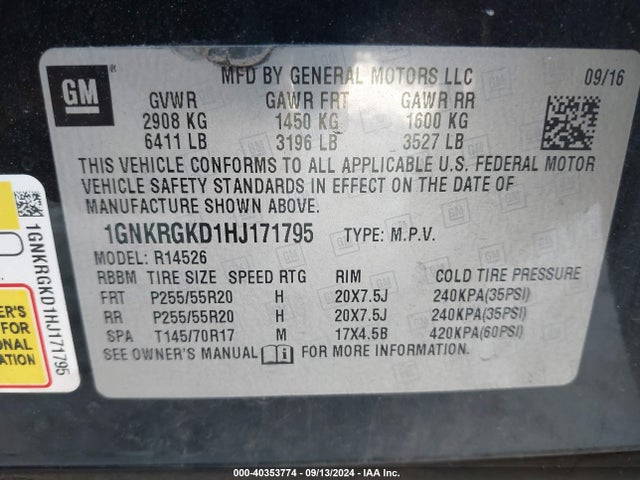 1GNKRGKD1HJ171795 Chevrolet Traverse 1lt
