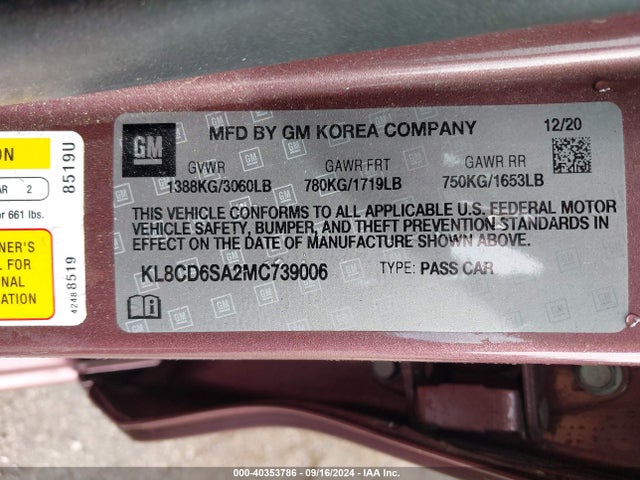 Chevrolet Spark Fwd 1lt Automatic 2021 KL8CD6SA2MC739006 Image 9