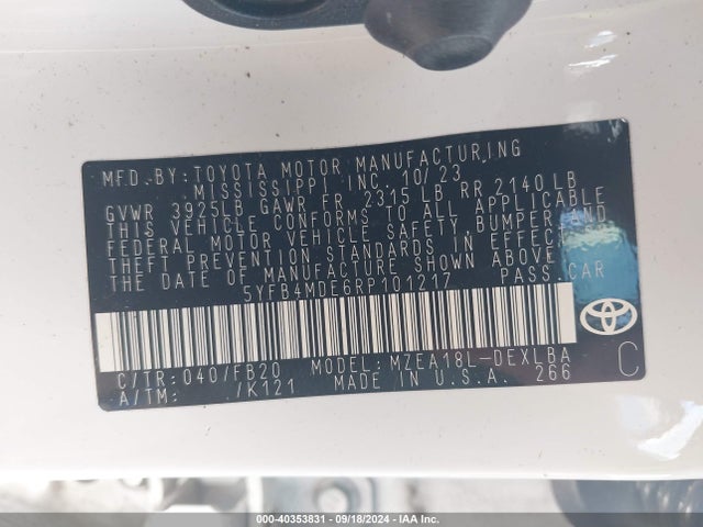 Toyota COROLLA LE 2024 5YFB4MDE6RP101217 Image 9