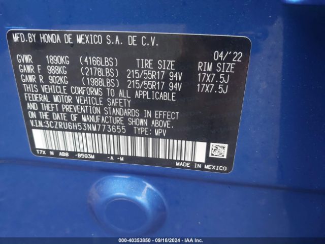 3CZRU6H53NM773655 Honda Hr-v Awd Ex