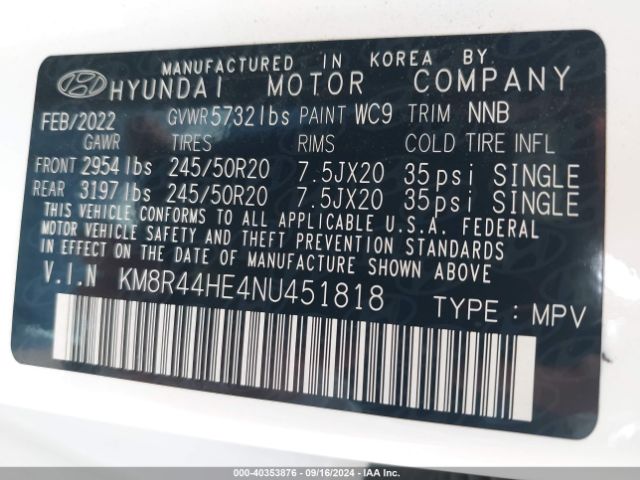 KM8R44HE4NU451818 Hyundai Palisade Sel
