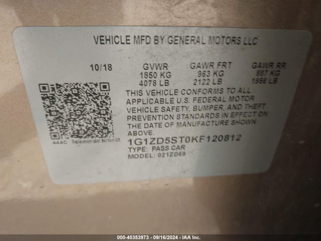 1G1ZD5ST0KF120812 Chevrolet lfv - direct injection, variable valve timing, gen 1