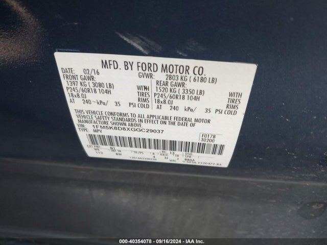 Ford EXPLORER XLT 2016 1FM5K8D8XGGC29037 Image 9