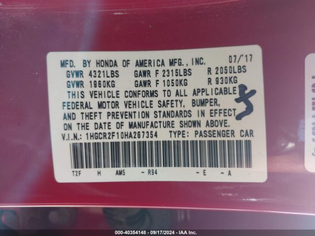 1HGCR2F10HA267354 Honda Accord Sport Se