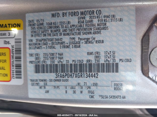 Ford FUSION SE 2016 3FA6P0H7XGR134442 Image 9