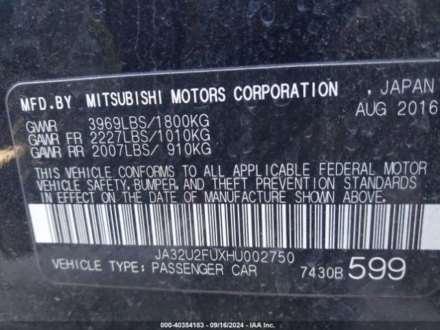 JA32U2FUXHU002750 Mitsubishi Lancer Es/le