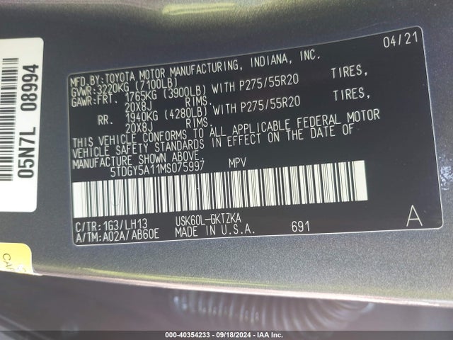 Toyota Sequoia Platinum 2021 5TDGY5A11MS075997 Image 9