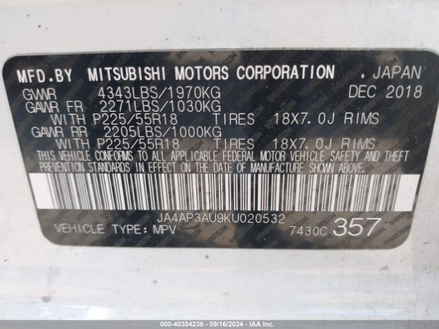 2019 MITSUBISHI OUTLANDER SPORT JA4AP3AU9KU020532 Photo 8