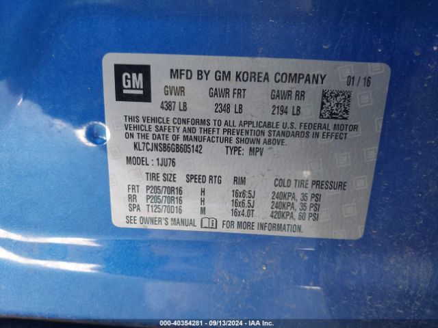 KL7CJNSB6GB605142 Chevrolet Trax 1ls