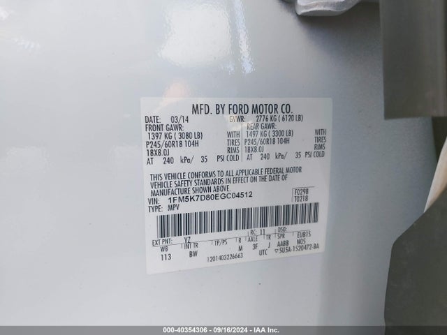 Ford EXPLORER XLT 2014 1FM5K7D80EGC04512 Image 9