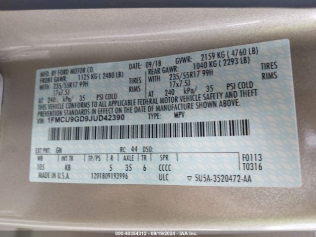 1FMCU9GD9JUD42390 Ford ESCAPE SE