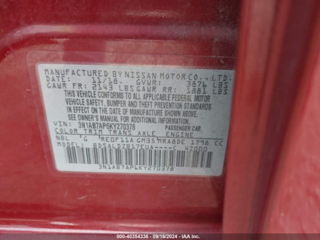 3N1AB7AP6KY270378 Nissan SENTRA SV