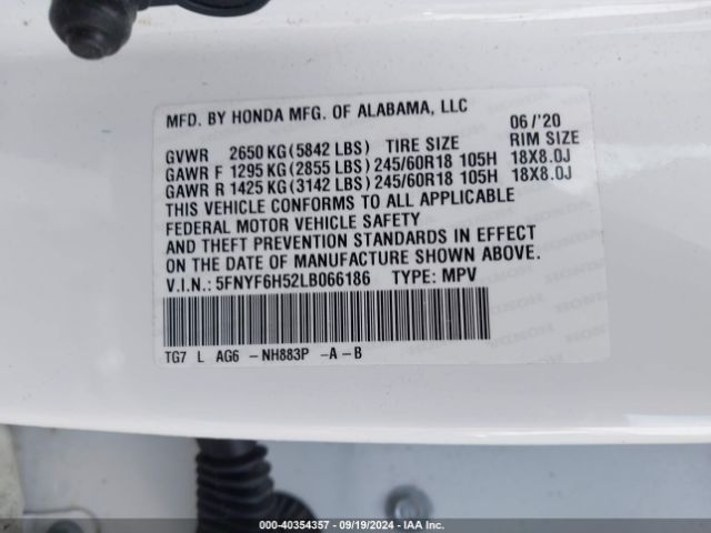 5FNYF6H52LB066186 Honda Pilot Awd Ex-l