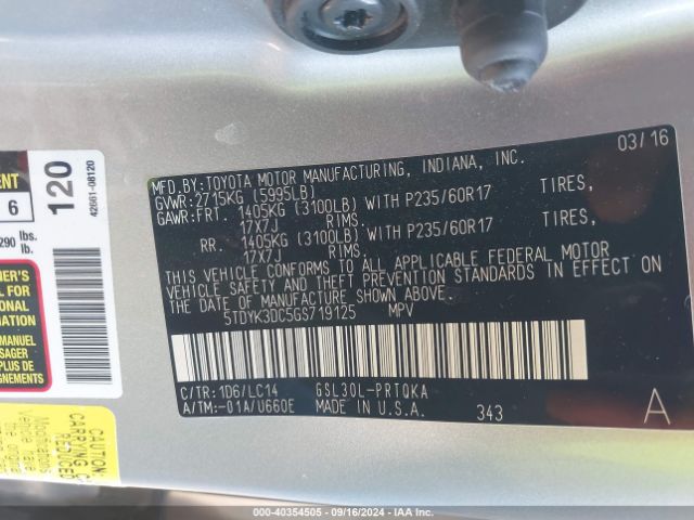 5TDYK3DC5GS719125 Toyota Sienna Xle 8 Passenger