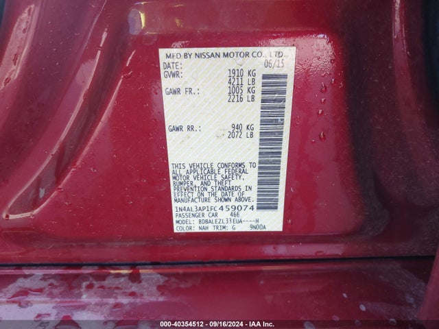 Nissan Altima 2.5 S 2015 1N4AL3AP1FC459074 Image 9