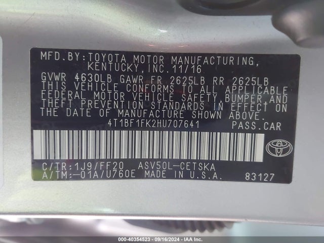 Toyota CAMRY SE 2017 4T1BF1FK2HU707641 Image 9